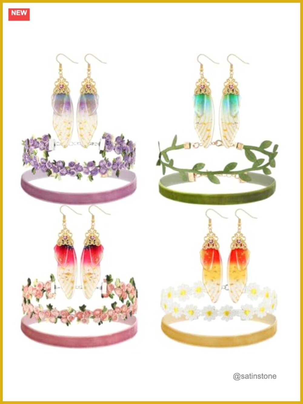 Fairy Flower Choker Necklace & Butterfly Earrings Jewelry Set Velvet Lace Alloy